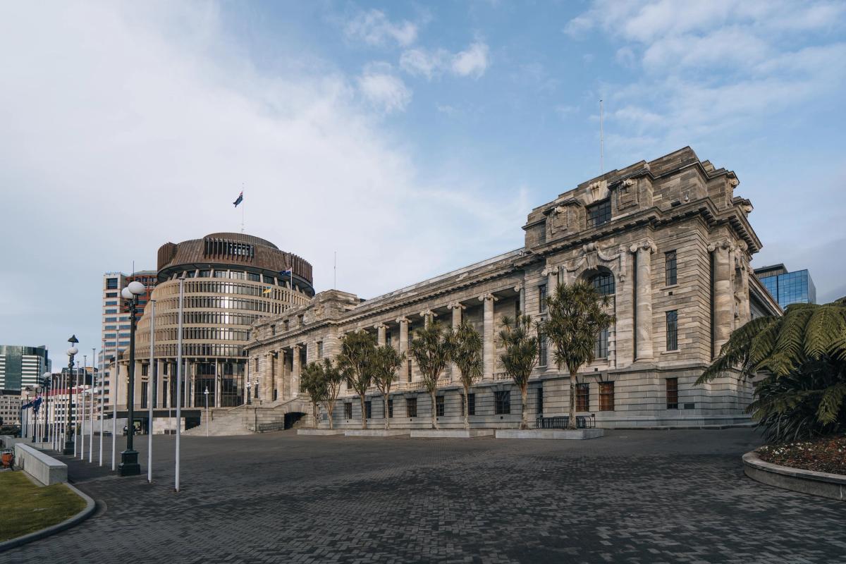 Parliament building in Wellington with the Beehive in the background