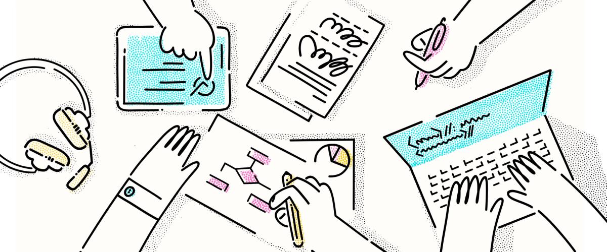 Hands interacting with devices, diagrams and tables