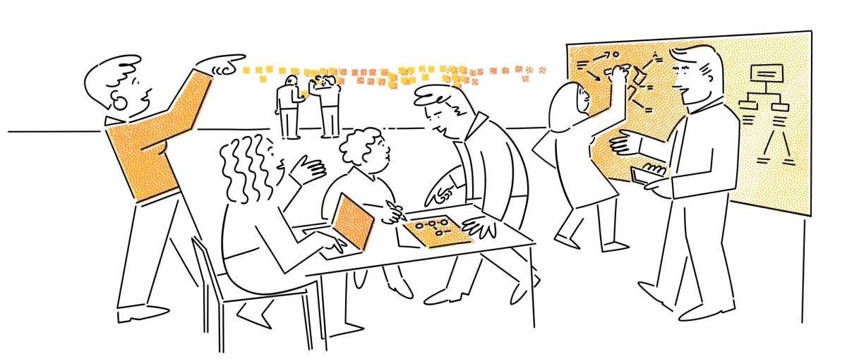 Cartoon of team working at a table and whiteboard
