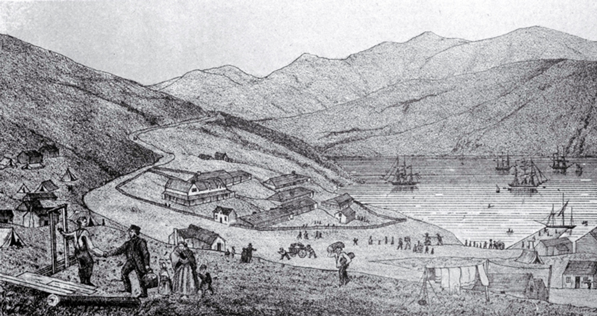 Greyscale drawing of Lyttleton 1850 with ships and hills