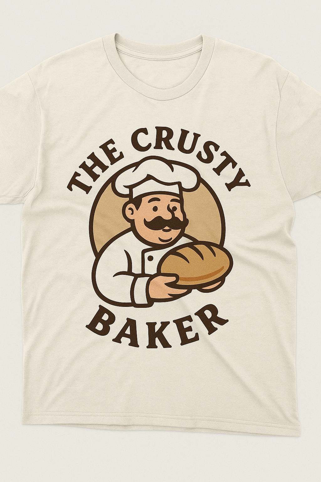A soft, heathered off-white tee featuring The Crusty Baker’s cheerful baker logo, perfect for everyday wear