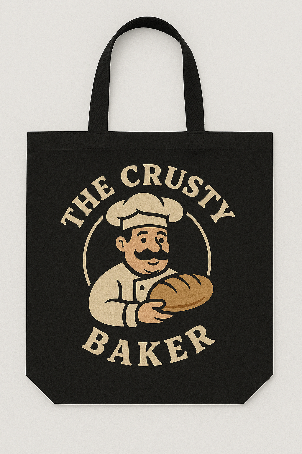 A sleek black tote with a bold beige Crusty Baker logo, combining style and practicality for any outing.