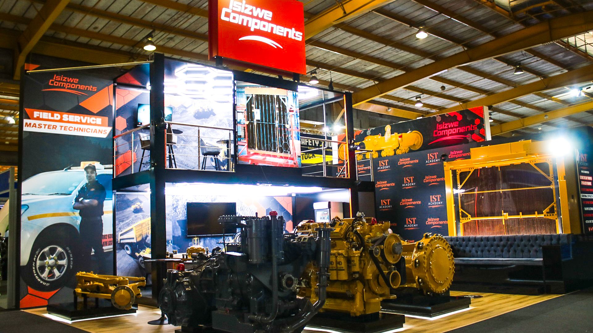 a showroom with a lot of engines on display in a building .