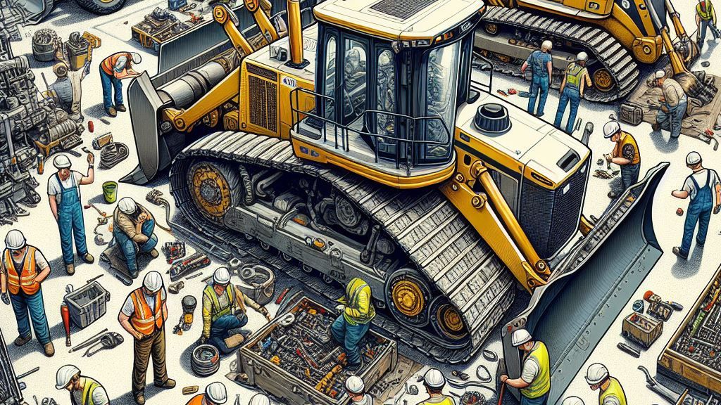 a group of construction workers are working on a bulldozer in a factory .