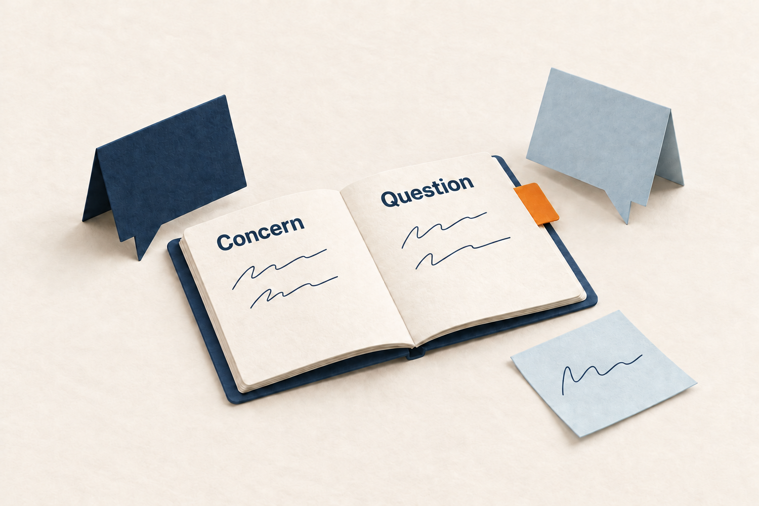 A paper notebook labeled Concern and Question beside folded speech shapes and a loose note.