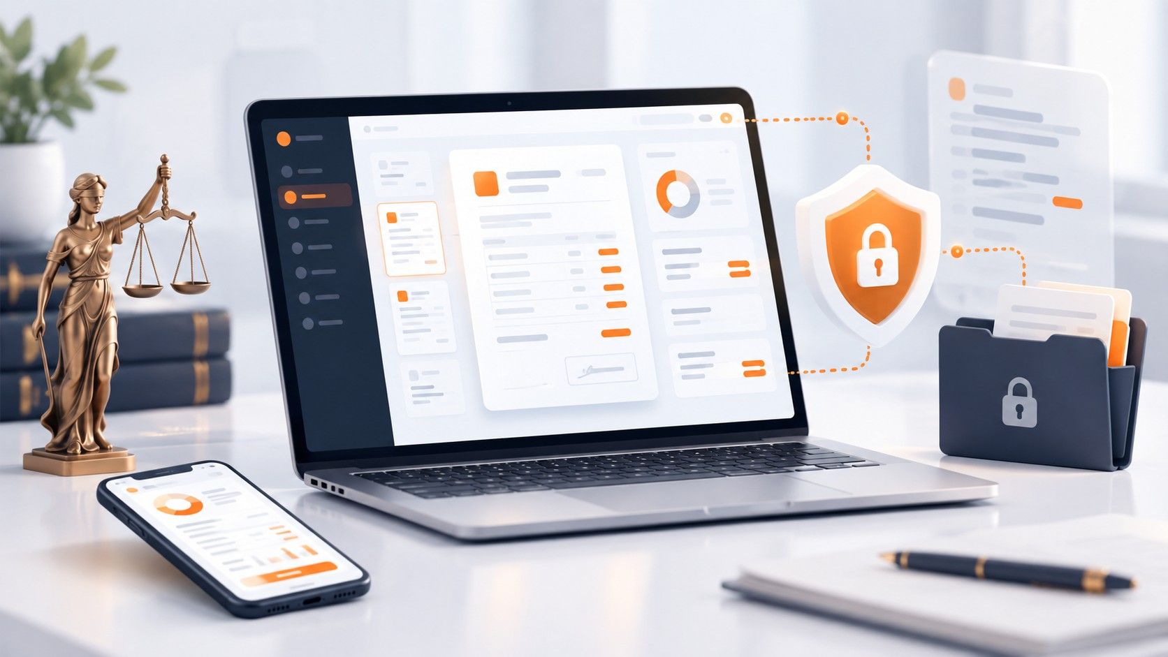 zLawyer facturation électronique avocat, ordinateur portable avec interface de gestion abstraite blanc orange bleu nuit, bouclier avec cadenas de confidentialité, dossier numérique sécurisé, smartphone, statue de la Justice avec balance, livres juridiques, documents dématérialisés, environnement legaltech SaaS premium