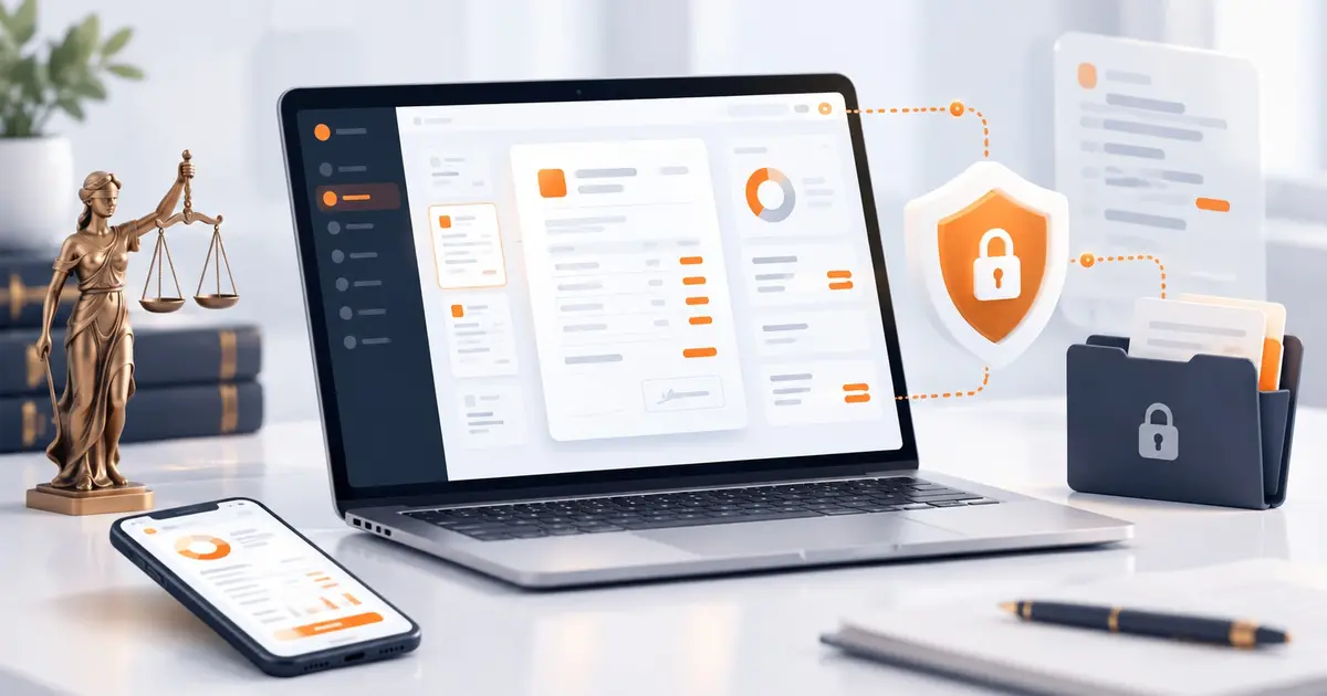 zLawyer facturation électronique avocat, ordinateur portable avec interface de gestion abstraite blanc orange bleu nuit, bouclier avec cadenas de confidentialité, dossier numérique sécurisé, smartphone, statue de la Justice avec balance, livres juridiques, documents dématérialisés, environnement legaltech SaaS premium