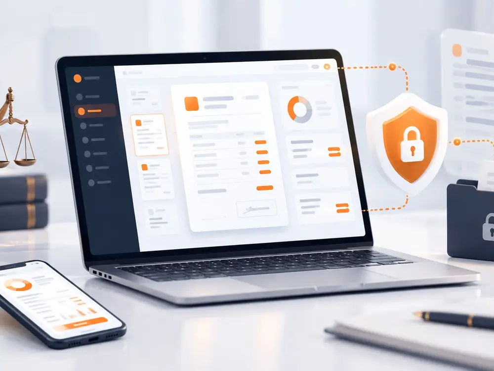 zLawyer facturation électronique avocat, ordinateur portable avec interface de gestion abstraite blanc orange bleu nuit, bouclier avec cadenas de confidentialité, dossier numérique sécurisé, smartphone, statue de la Justice avec balance, livres juridiques, documents dématérialisés, environnement legaltech SaaS premium