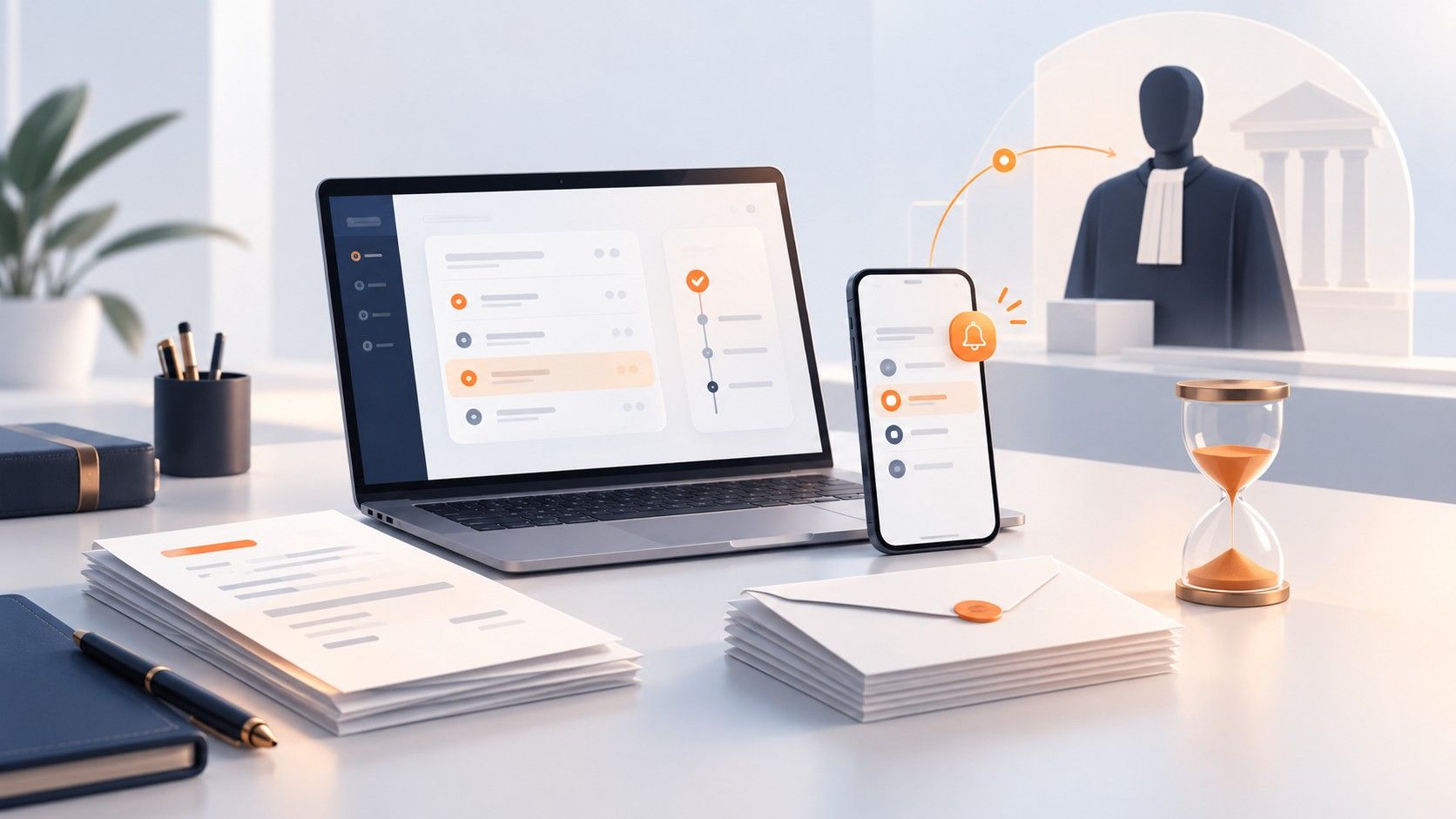 Illustration zLawyer recouvrement honoraires avocat avec ordinateur portable affichant tableau de suivi facturation, smartphone avec notification de relance, dossiers de factures et courriers, sablier représentant les délais, avocat en robe devant symbole de juridiction, workflow numérique orange reliant relance et procédure bâtonnier
