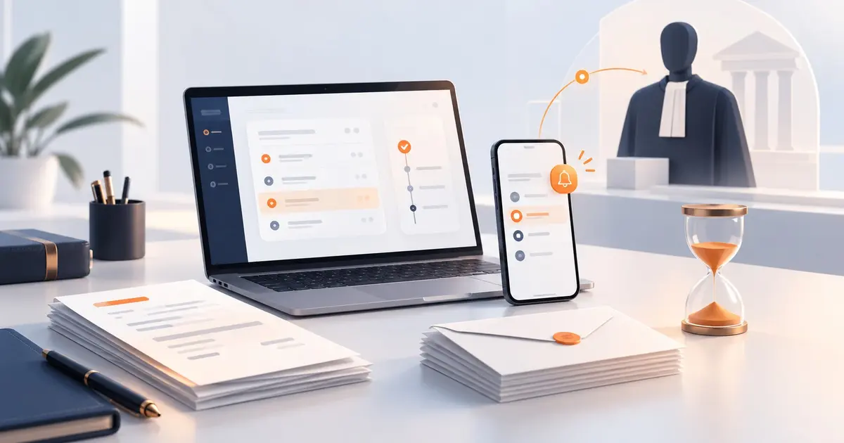 Illustration zLawyer recouvrement honoraires avocat avec ordinateur portable affichant tableau de suivi facturation, smartphone avec notification de relance, dossiers de factures et courriers, sablier représentant les délais, avocat en robe devant symbole de juridiction, workflow numérique orange reliant relance et procédure bâtonnier