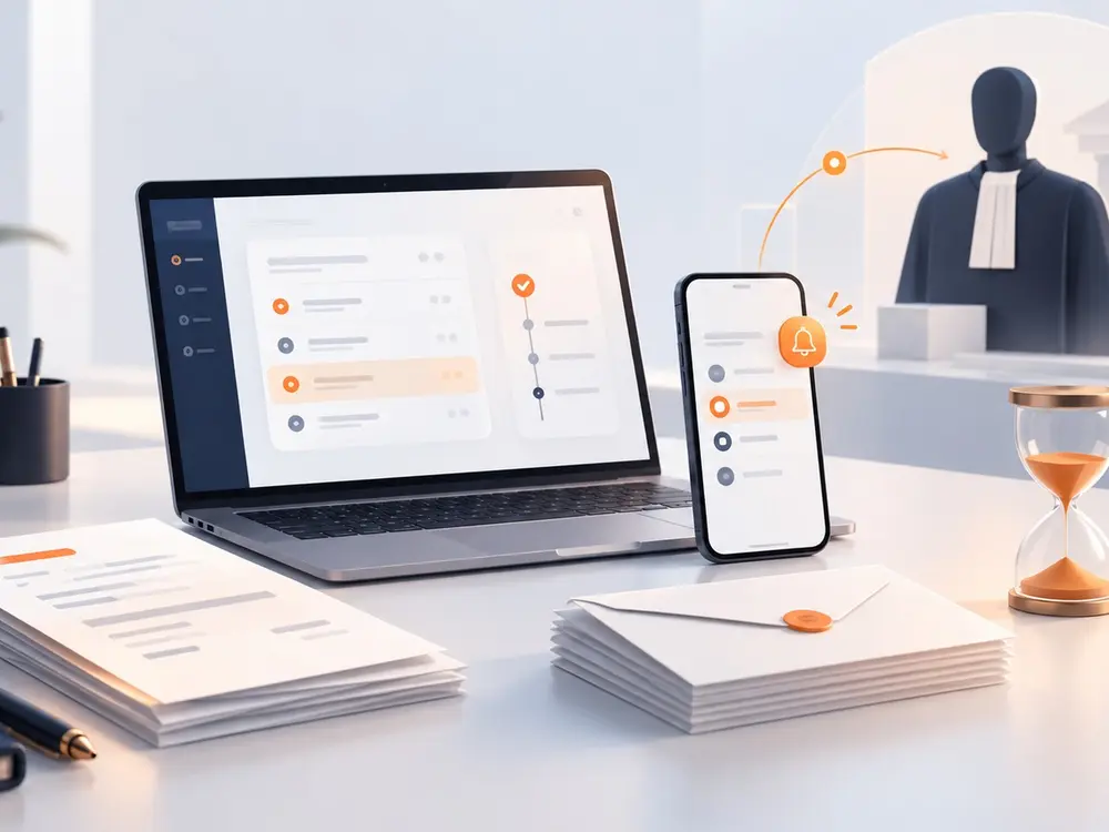 Illustration zLawyer recouvrement honoraires avocat avec ordinateur portable affichant tableau de suivi facturation, smartphone avec notification de relance, dossiers de factures et courriers, sablier représentant les délais, avocat en robe devant symbole de juridiction, workflow numérique orange reliant relance et procédure bâtonnier