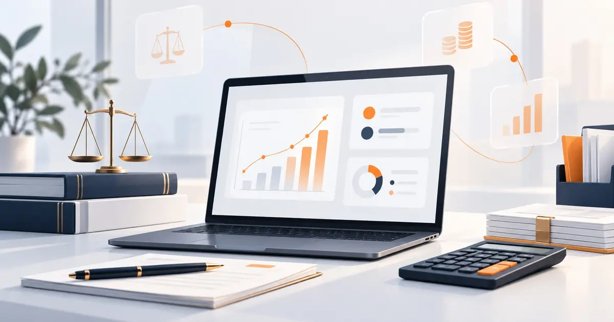 Illustration 3D zLawyer gestion des honoraires avocat, ordinateur portable avec dossiers juridiques numériques orange et bleu nuit, classeurs physiques, balance de justice sur livres de droit, documents dématérialisés reliés en workflow, horloge de suivi du temps, bouclier de validation, environnement logiciel juridique SaaS de facturation et gestion de cabinet d’avocats, 2026