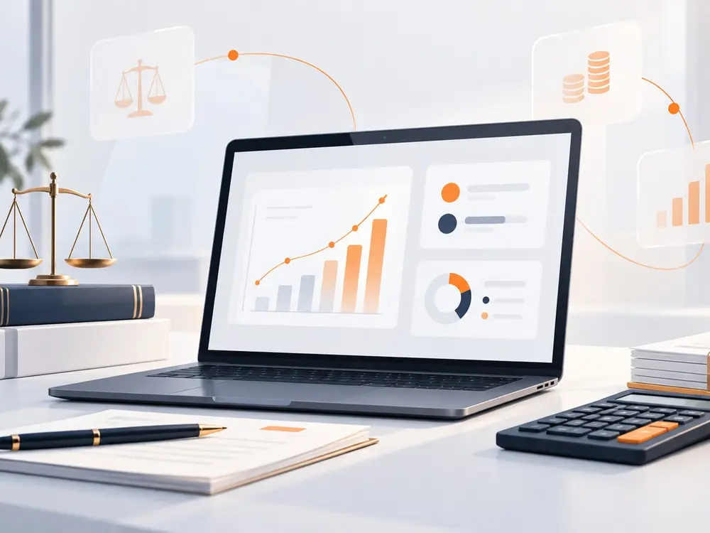 Illustration 3D zLawyer gestion des honoraires avocat, ordinateur portable avec dossiers juridiques numériques orange et bleu nuit, classeurs physiques, balance de justice sur livres de droit, documents dématérialisés reliés en workflow, horloge de suivi du temps, bouclier de validation, environnement logiciel juridique SaaS de facturation et gestion de cabinet d’avocats, 2026
