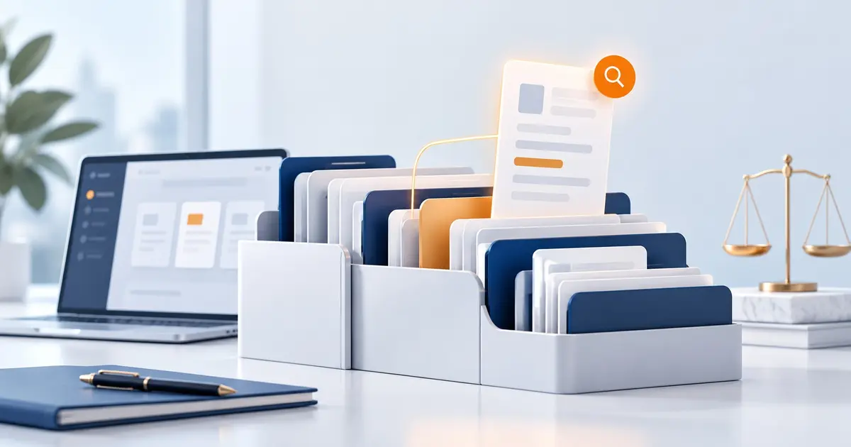 Gestion documentaire avocat : poste de travail d'un cabinet avec des dossiers numériques classés par affaire et des sous-dossiers numérotés, sans texte lisible