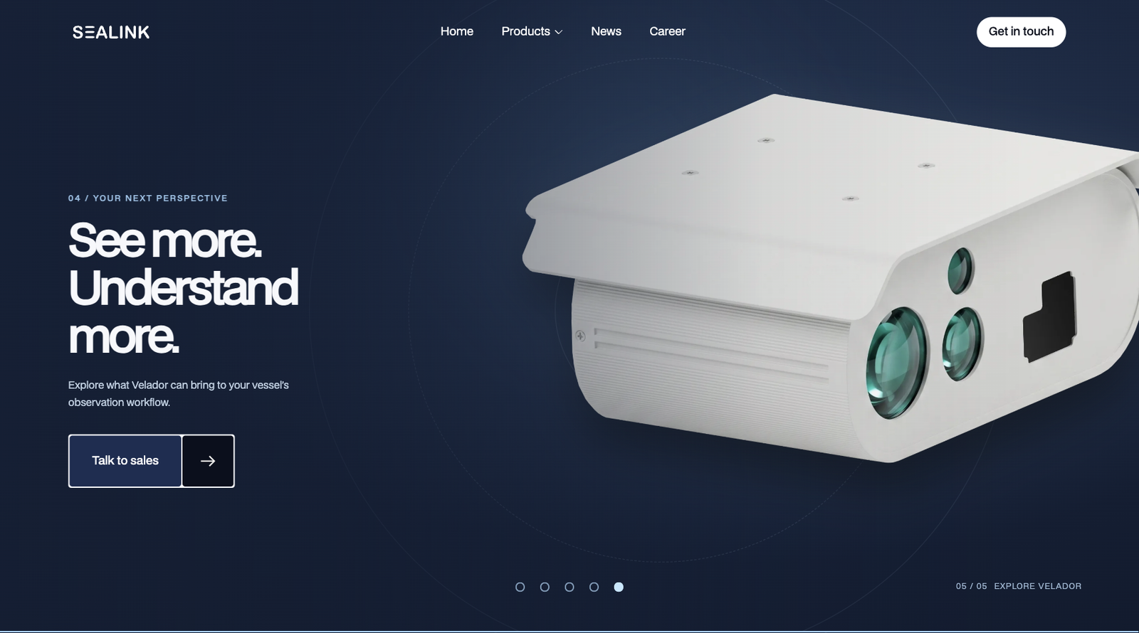 Sealink Velador product hero with large device render and dark navy interactive presentation