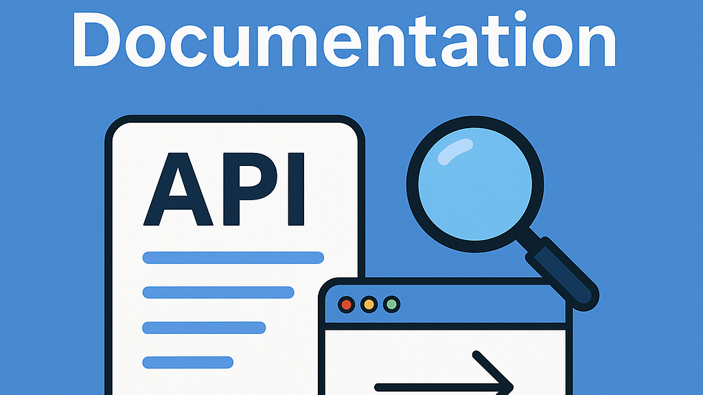 API 문서를 나타내는 깔끔한 평면 디자인 일러스트. ‘API’라는 텍스트가 있는 문서 아이콘, 검색 또는 검토를 상징하는 돋보기, 화살표가 있는 웹 브라우저 창이 파란색 배경 위에 배치되어 있습니다.