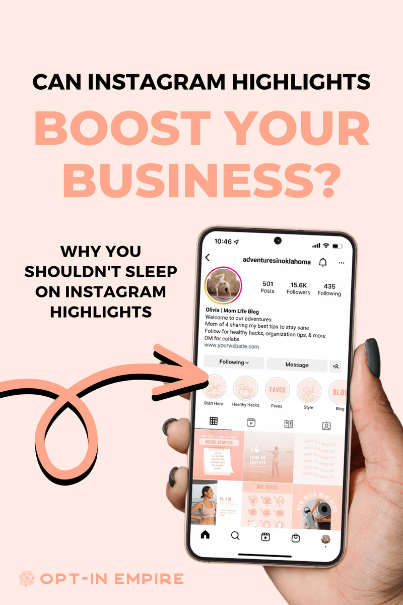 Instagram account with a pink, branded highlights section