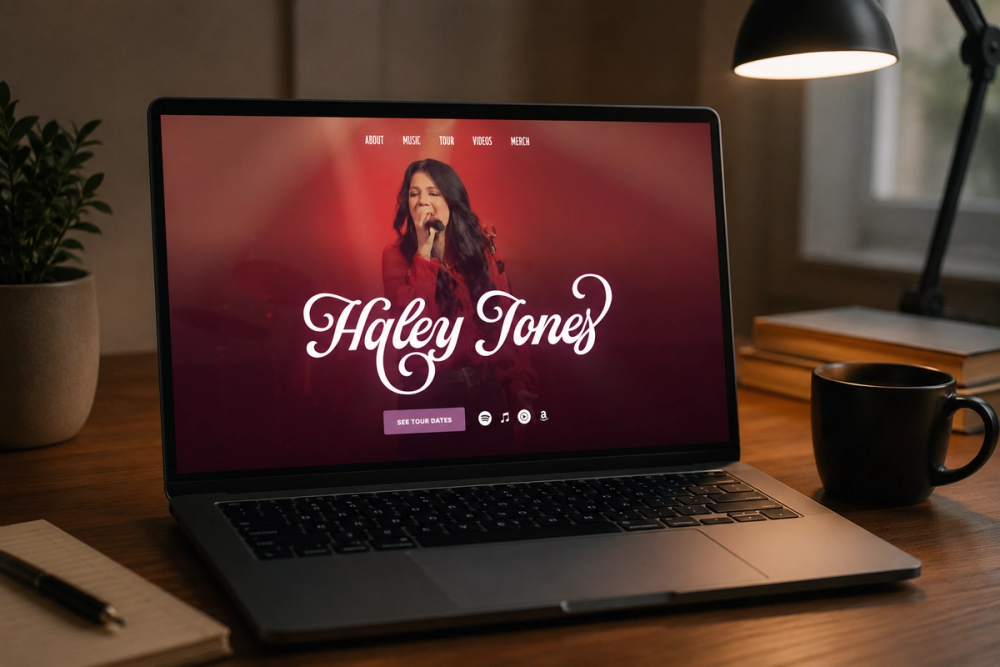 Mockup of the Haley Jones website homepage on a laptop, showing the hero title over a red-lit performance photo