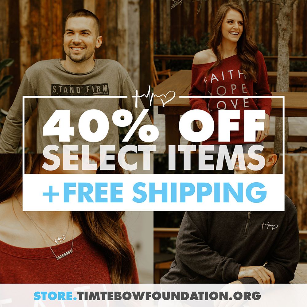 Tim Tebow Foundation store promo graphic: 40% off select items plus free shipping