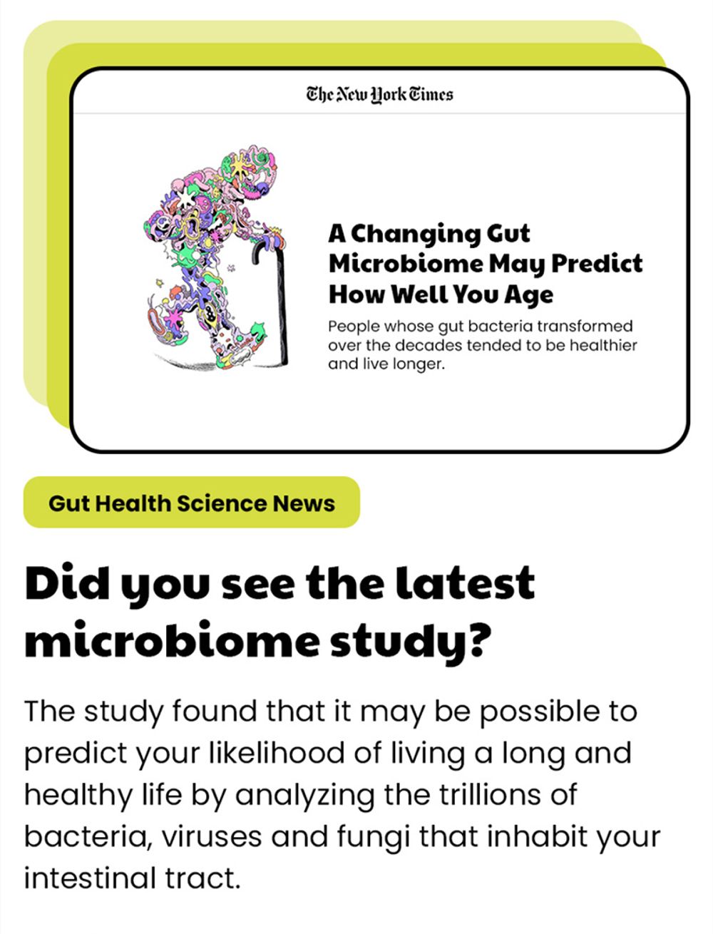 Top of the Olive My Pickle gut-health email design, with layered cards and a “microbiome study” headline