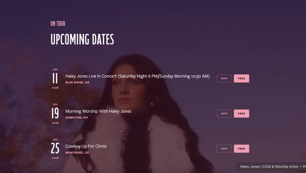 Tour page of the Haley Jones website listing upcoming concert dates with RSVP buttons