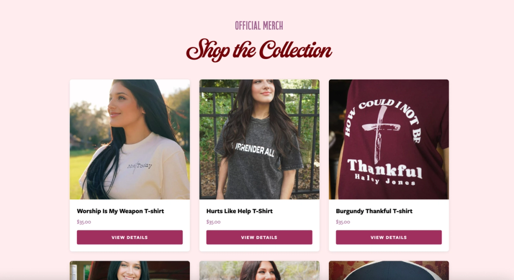 Merch shop on the Haley Jones website showing the t-shirt collection