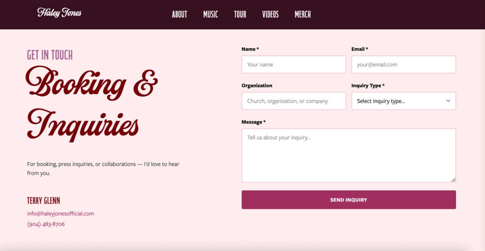 Booking and inquiries contact form on the Haley Jones website