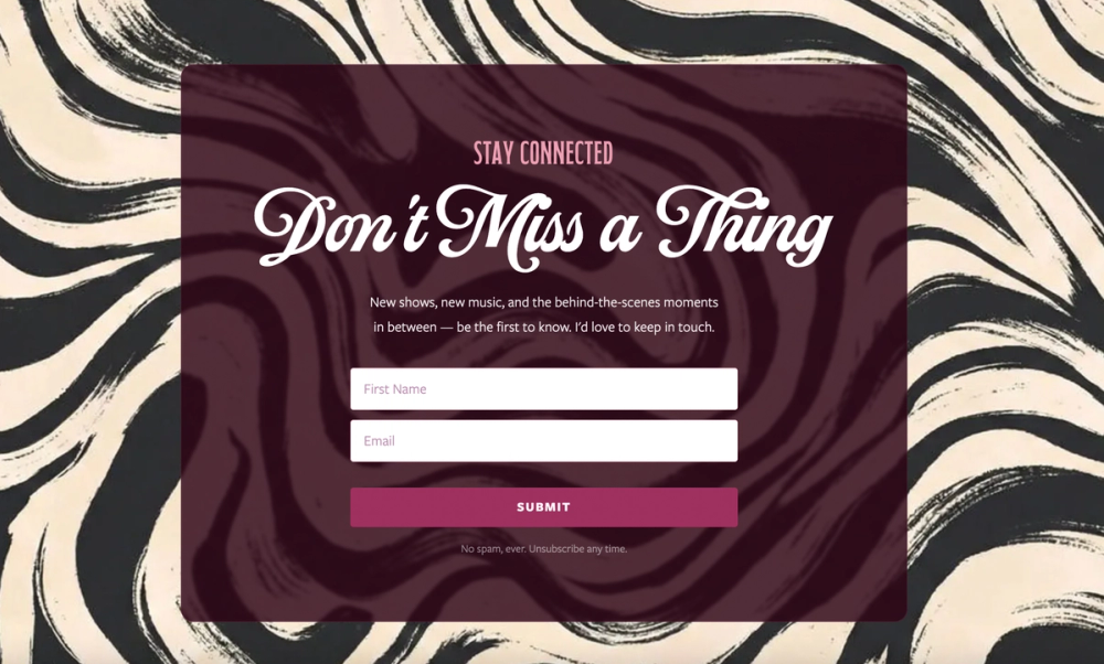 Newsletter signup section of the Haley Jones website