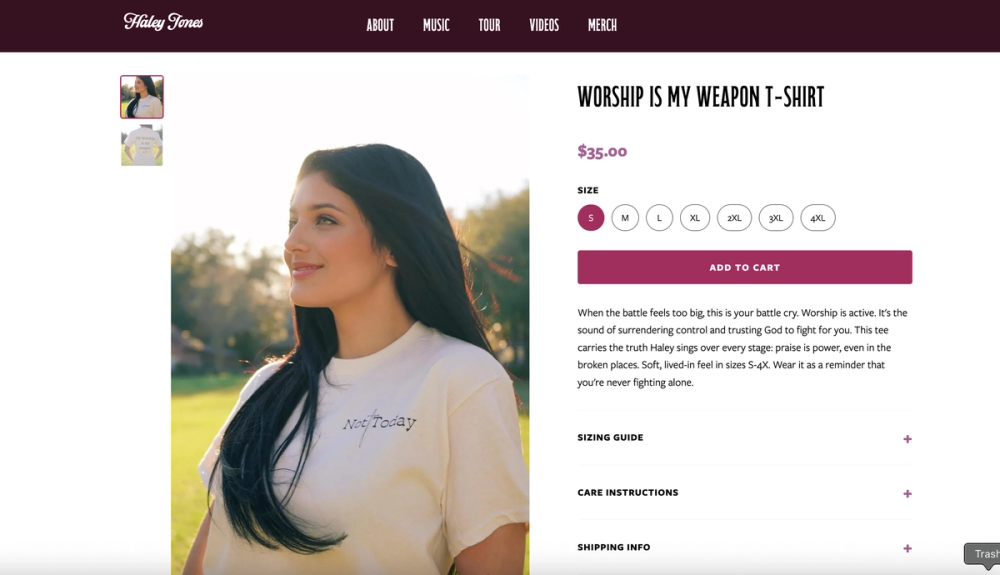 Product detail page for the “Worship Is My Weapon” t-shirt on the Haley Jones website
