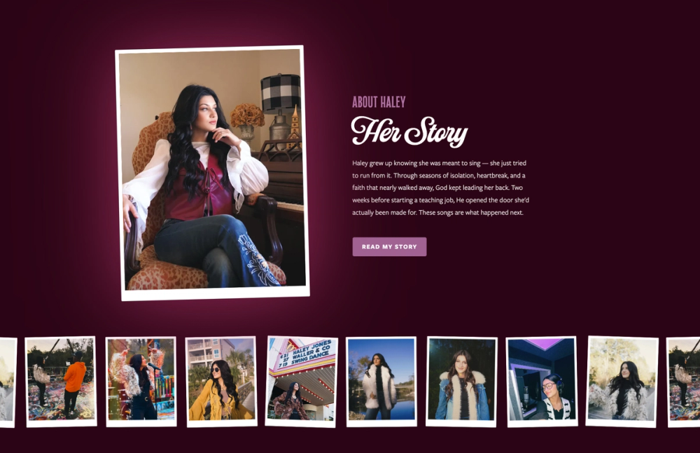 About section of the Haley Jones website with her story and a scrolling strip of candid photos