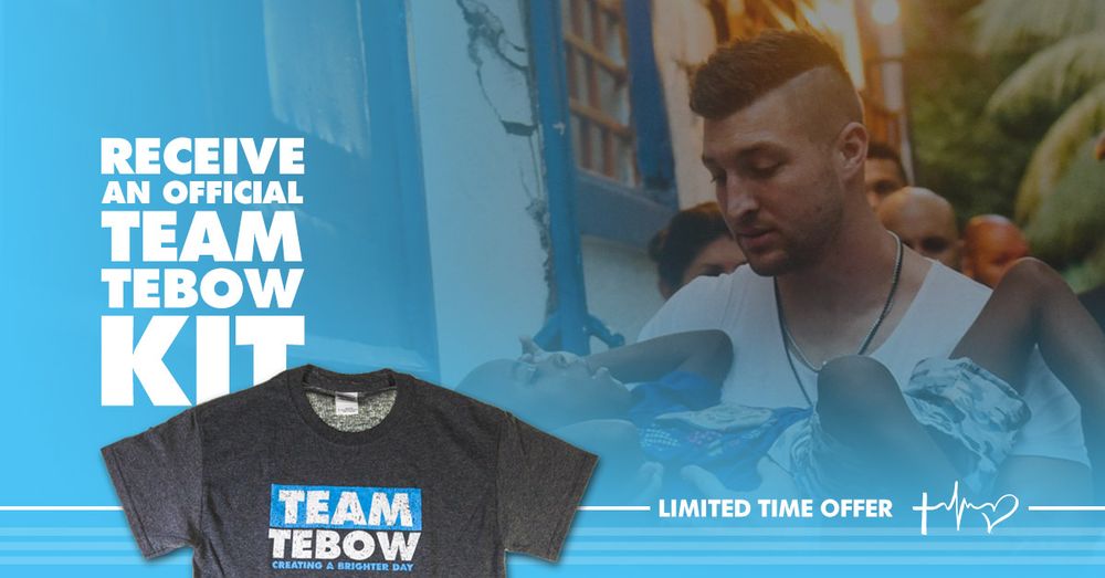 Facebook-format “Team Tebow Kit” promo graphic with a Team Tebow t-shirt