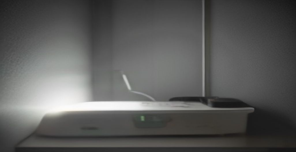 AI-generated cover: A modern smartphone clipped with a small circuit board containing multiple tiny LEDs, aimed at a typical hotel room alarm clock; the LEDs are illuminated and sweeping light across