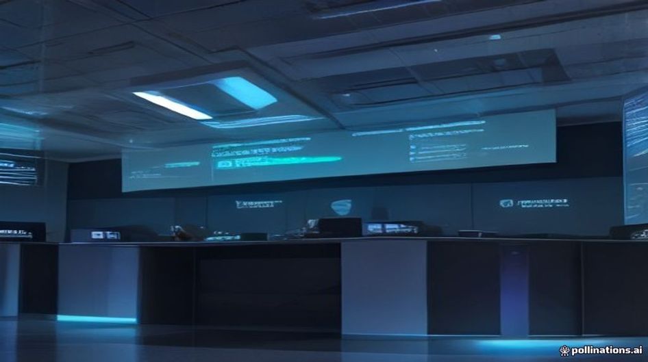 AI-generated cover: A futuristic bank office in London with holographic AI interfaces floating over desks displaying code and customer service screens, realistic style, no text