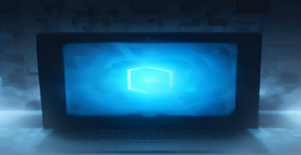 AI-generated cover: translucent glass panel with glowing encrypted data cubes moving between laptop and cloud