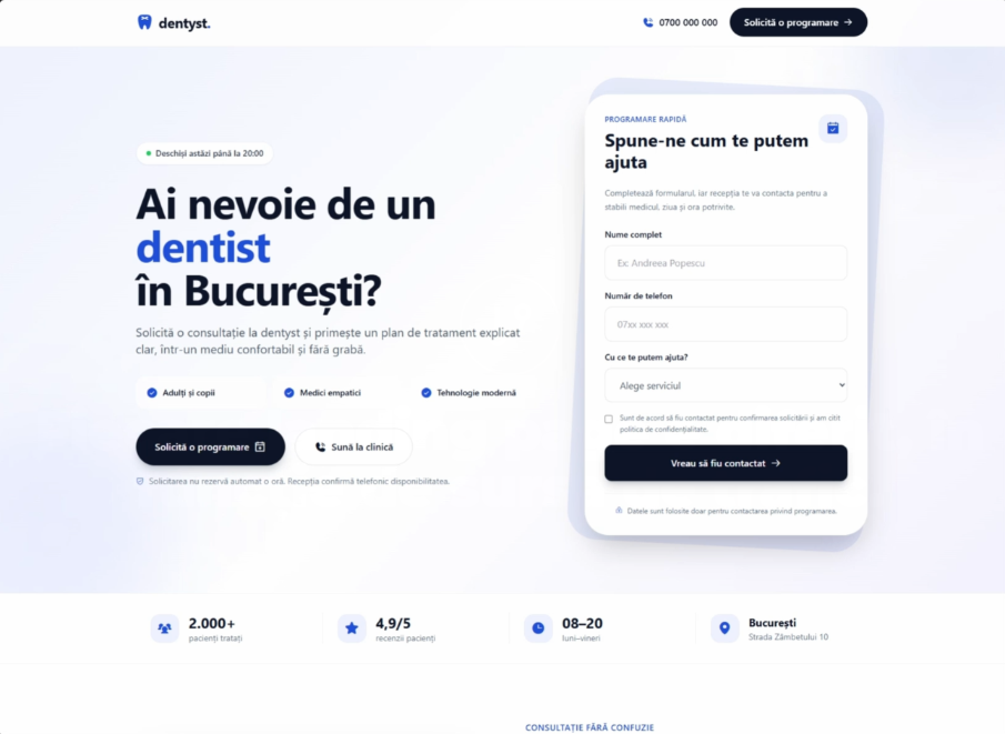 Cum arată un landing page pentru o clinică dentară cu trafic din Paid Ads.
