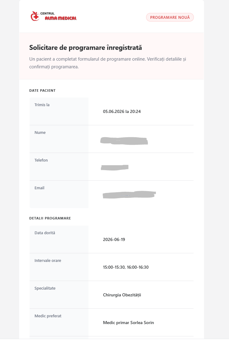 Screenshot cu exemplu de email primit la programări.