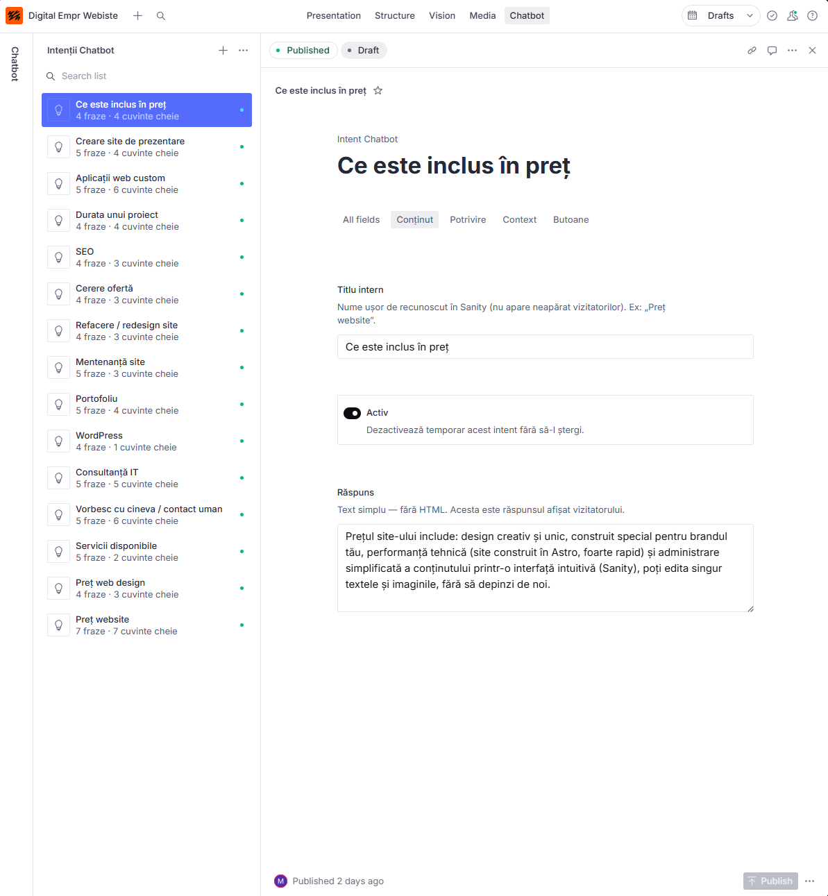 Screenshot din Sanity Studio, cum se editează asistentul vitual