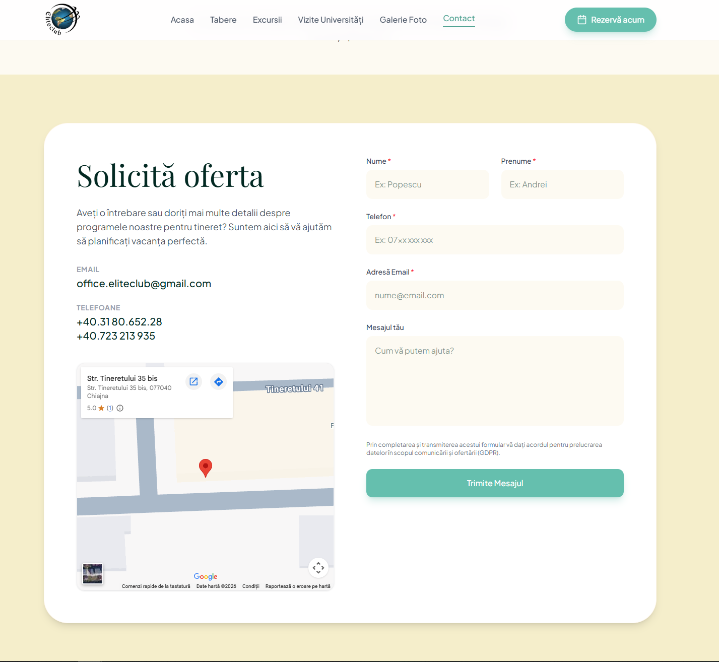 Screenshot cu formularul de contact.
