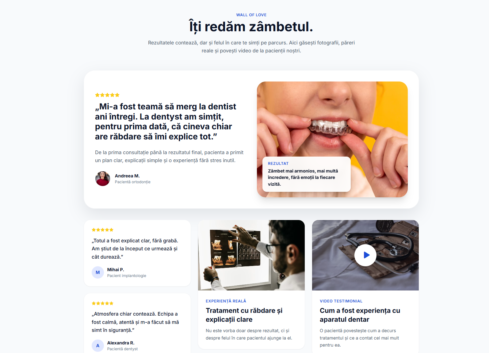 Exemplu de wall of love (sectiune de incredere) pentru o clincă dentară