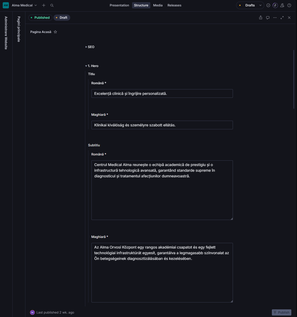Administrare simplă pentru conținut bilingv, direct din Sanity Studio.