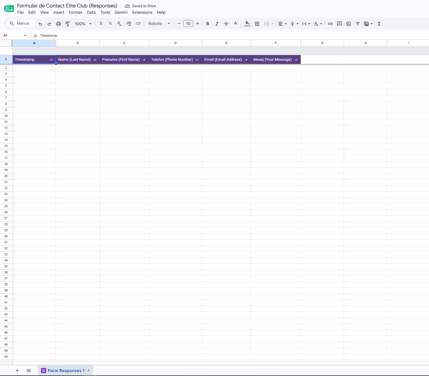 Screenshot cu fiserul Google Sheets