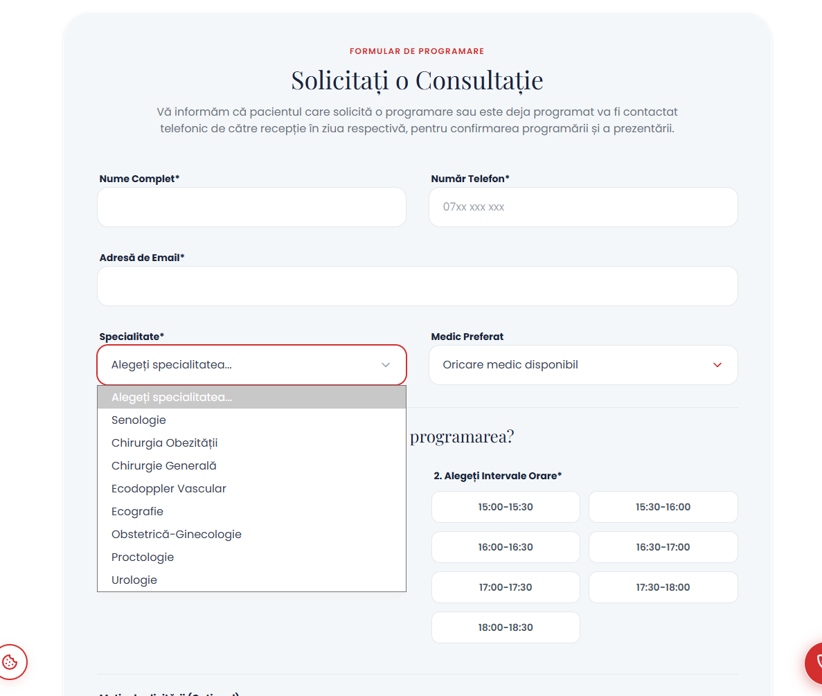 Screenshot cu formularul de programare nou cu dropdown-ul de specializări.