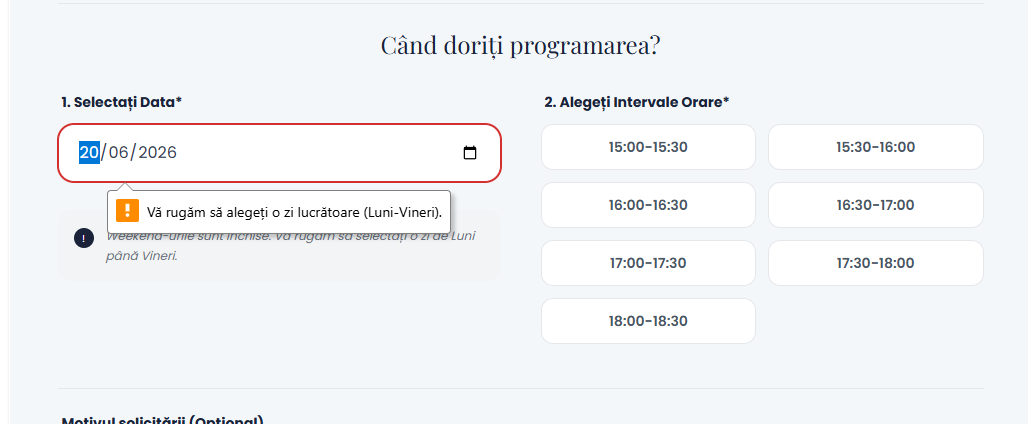Screenshot cu mesajul de eroare pentru weekend.