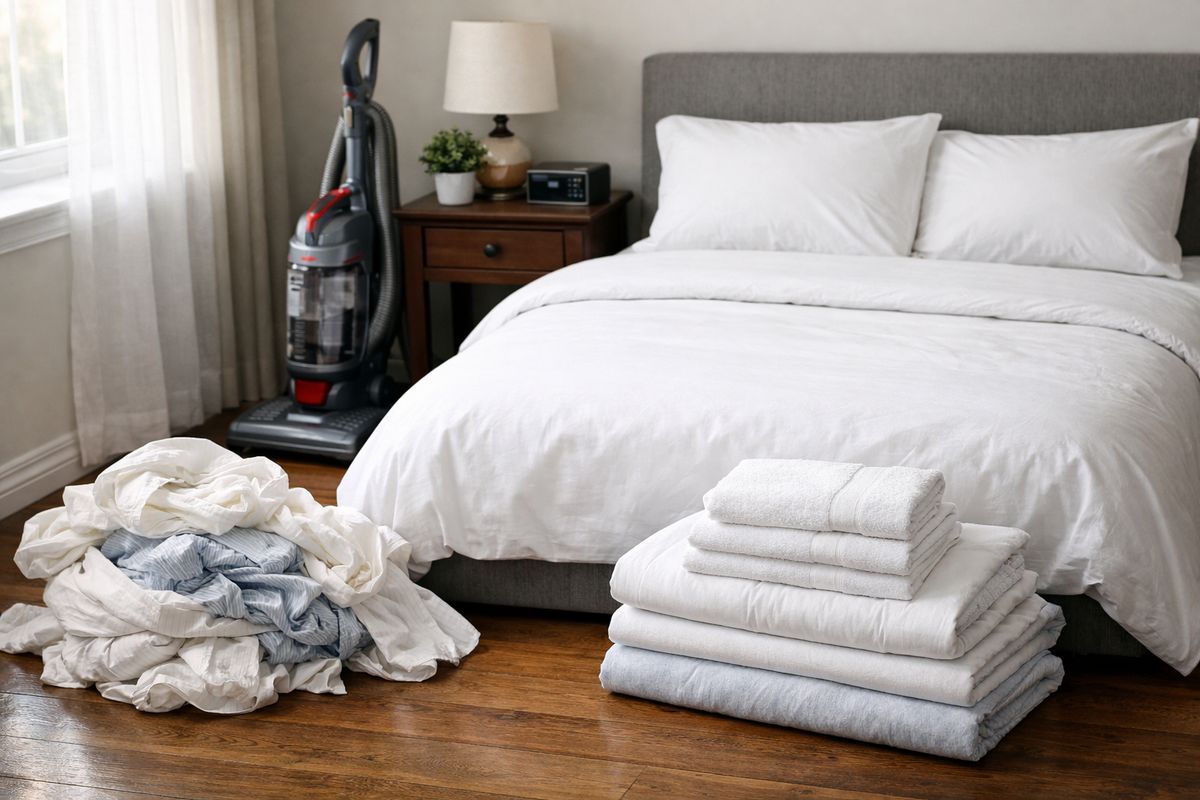 A bedroom turnover scene with stripped sheets piled near the bed, fresh linens folded at the foot of the mattress, a vacuum beside the nightstand, and a tidy made bed with smooth pillows and a tucked-in duvet