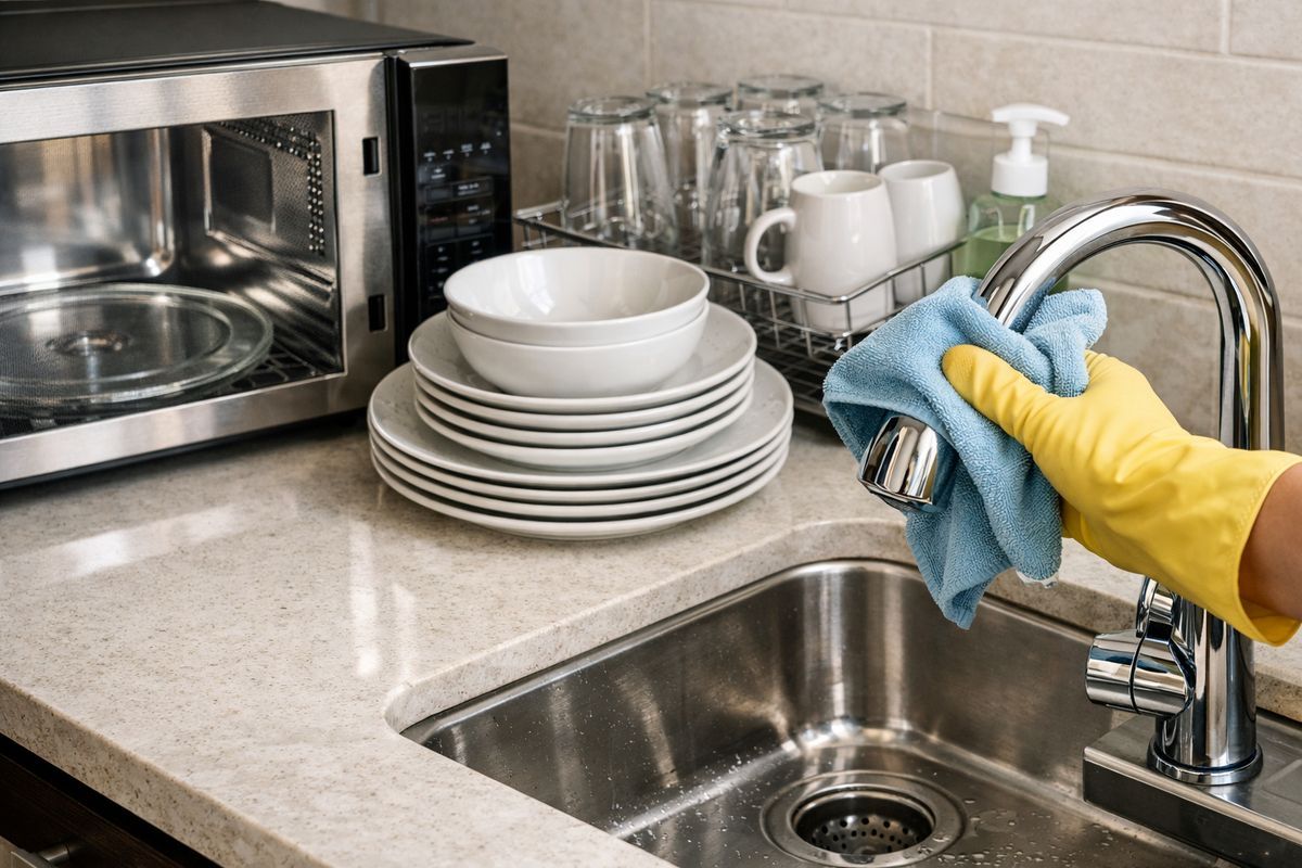 A close view of a spotless kitchen countertop beside a sparkling sink, a wiped microwave interior, neatly arranged dishes, and a cleaner wiping a chrome faucet with a microfiber cloth