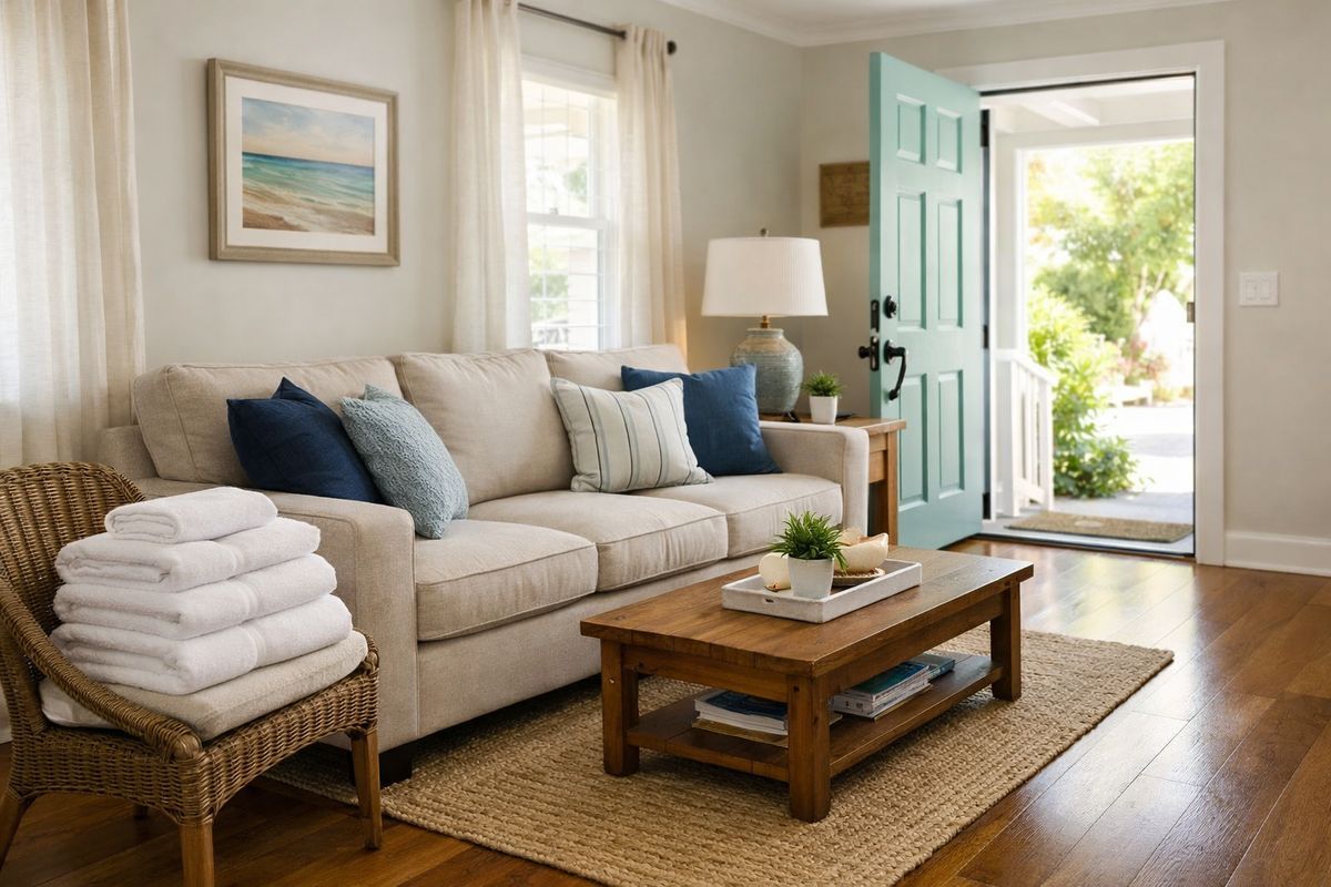 A freshly cleaned vacation rental living room with a made couch, vacuumed hardwood floors, straightened throw pillows, folded towels stacked on a chair, and an open front door letting in daylight