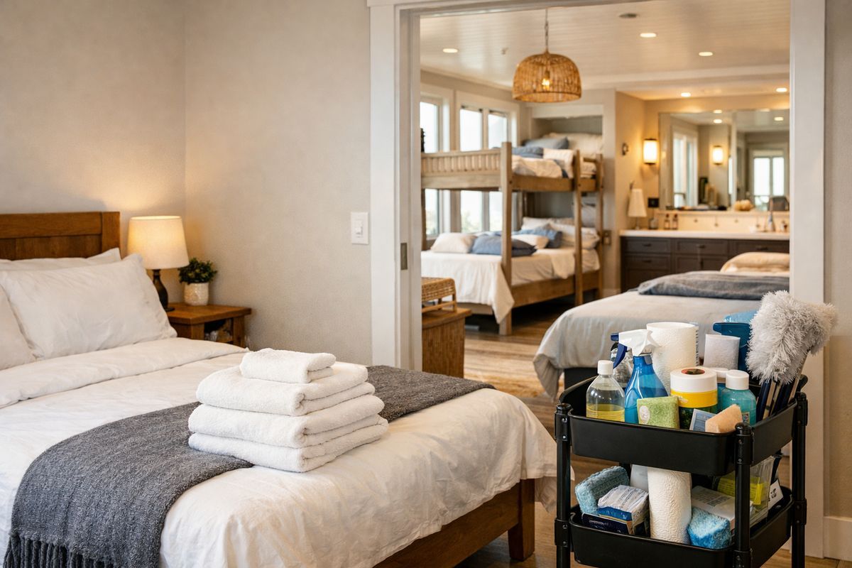 A small Airbnb studio bedroom with a neatly made bed, a folded stack of fresh towels on the dresser, cleaning supplies on a cart, and a much larger beach house with multiple beds and bathrooms shown in the background to contrast different turnover workloads.