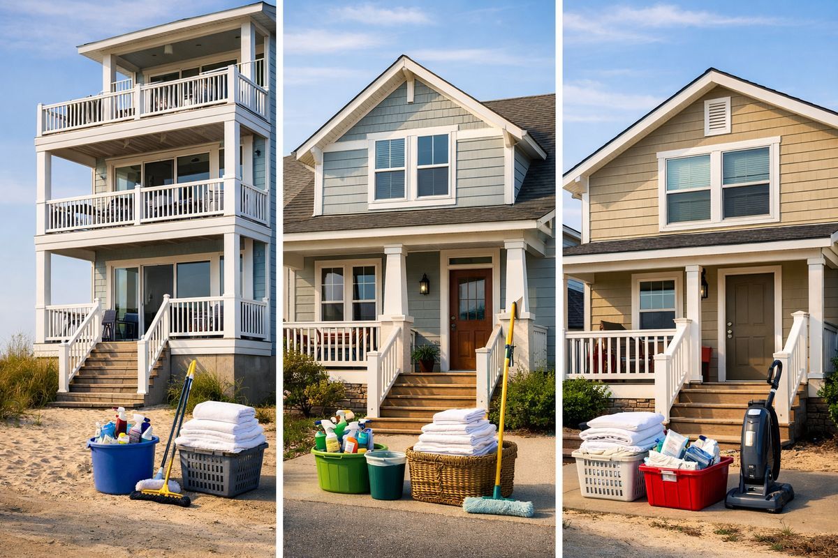 A row of similar coastal rental homes in a Hampton Roads neighborhood, including a beachfront condo, a suburban house, and a small family rental, with exterior cleaning gear and fresh linens visible near each entrance to show side-by-side property comparisons.