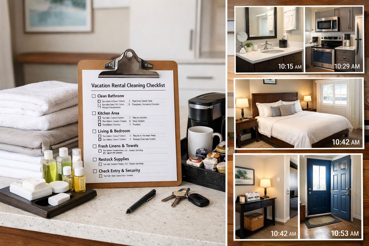 A neatly arranged cleaning checklist beside a fully prepared vacation rental entryway, with a clipboard on a countertop, a set of folded linens, toiletries, a coffee supply tray, and timestamped photo shots being taken of a spotless bathroom, kitchen, bedroom, and front door area.