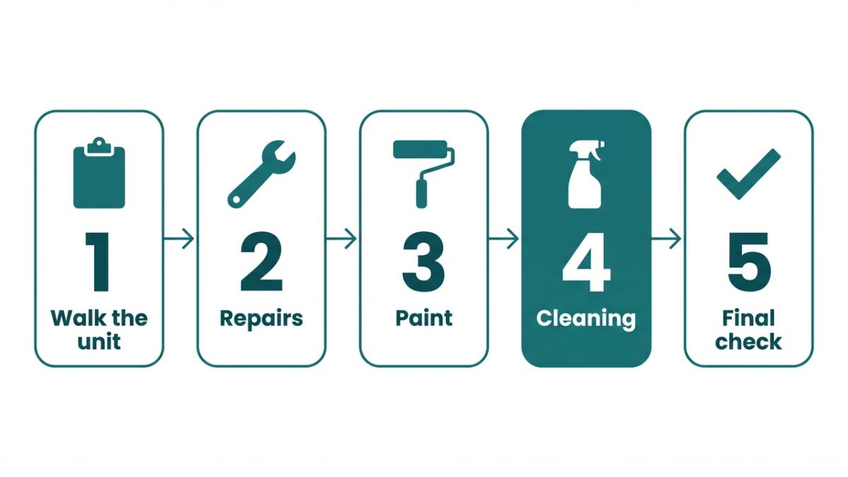 Diagram of the five make-ready steps in order: walk the unit, repairs, paint, cleaning and final check
